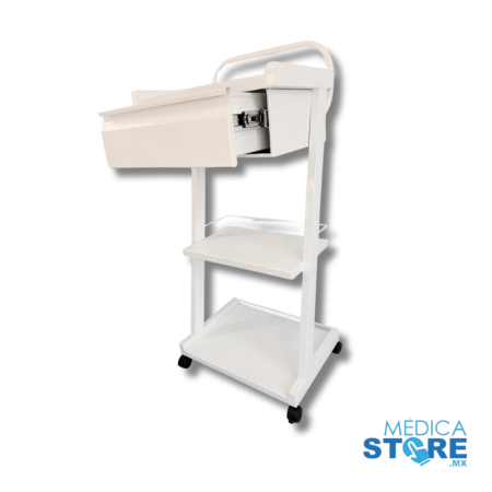 Carro Porta Equipo Médico y Fisioterapéutico Móvil de 4 Ruedas con 1 cajón y 2 charolas de Metal - Médica Store