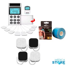 Paquete de Electroestimulador TENS EMS con 4 canales independientes, 20 electrodos 5 x 5cm y 10 cintas kinesiológicas