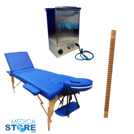 Mesa para masaje tres secciones con levanta piernas, compresero caliente 4 compresas y escalerilla de dedos