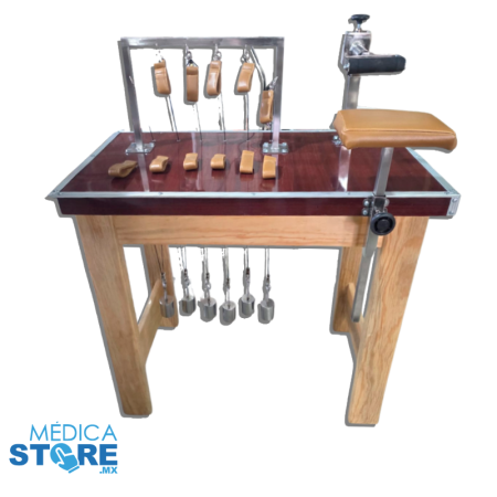 Mesa de Kanavel para Manos de 80cm ancho x 60cm largo x 75cm alto con Rueda de Inercia y 6 Poleas/Pesas de 1.1kg - Mecano Rehab